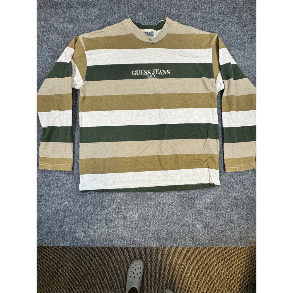 Vintage GUESS Jeans USA Striped Long Sleeve Shirt XXL Tan Green Embroidered Logo